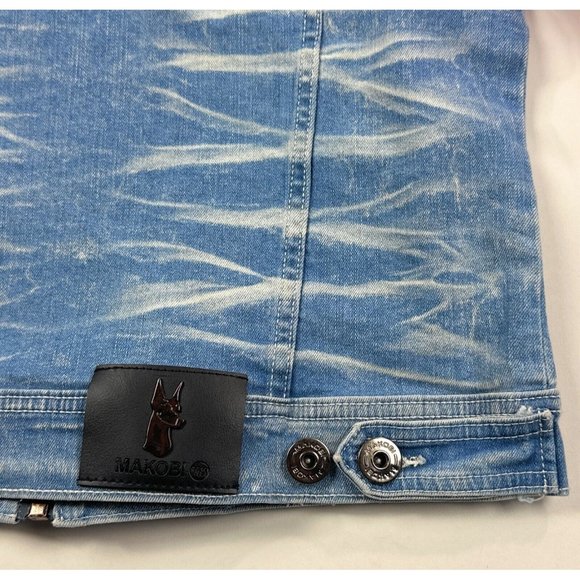 Makobi Mens Small Full Zip Denim Jean Jacket Blue Pink White Distressed M1010 - Picture 11 of 11